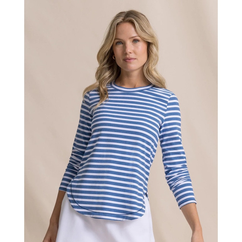 Southern Tide Coastal Breeze Linley Stripe LS SPF Performance Top Blue White L